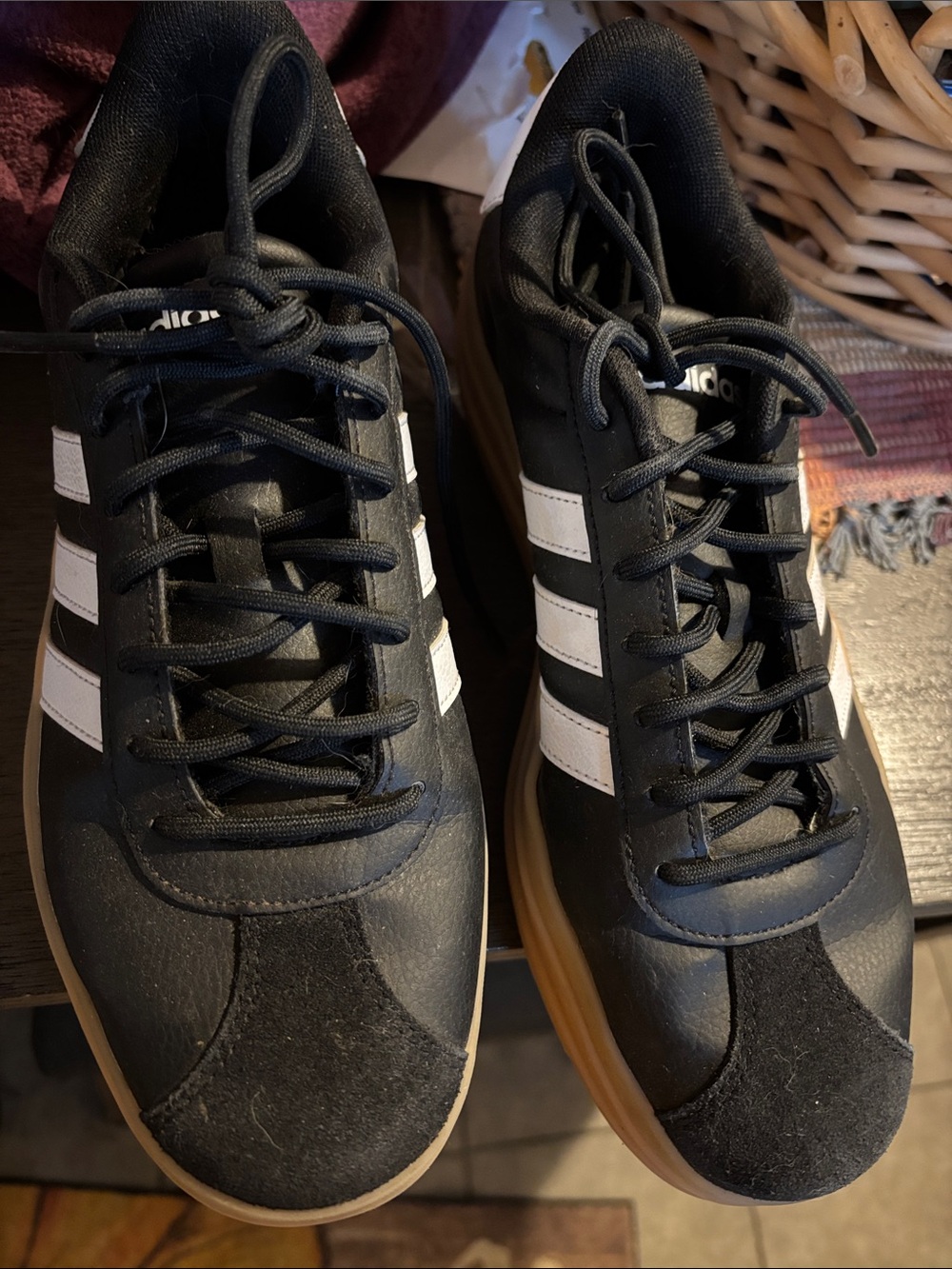 adidas Women’s Black Sneakers with White Stripes and Gum Sole